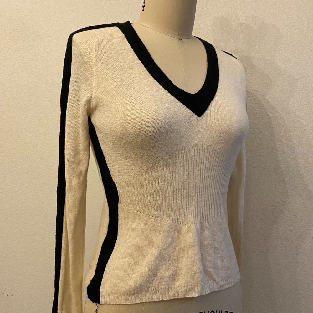Free People V Neck Side Striped White and Black Long Sleeve S